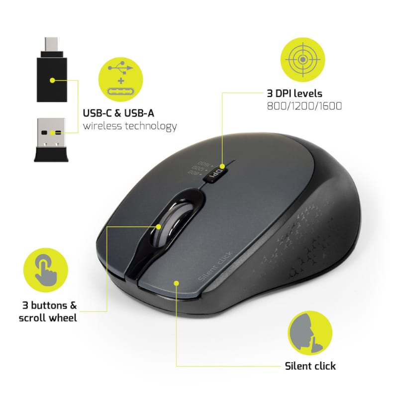 Port Connect Silent 1600DPI 3 Button Wireless Mouse - Black - Image 3