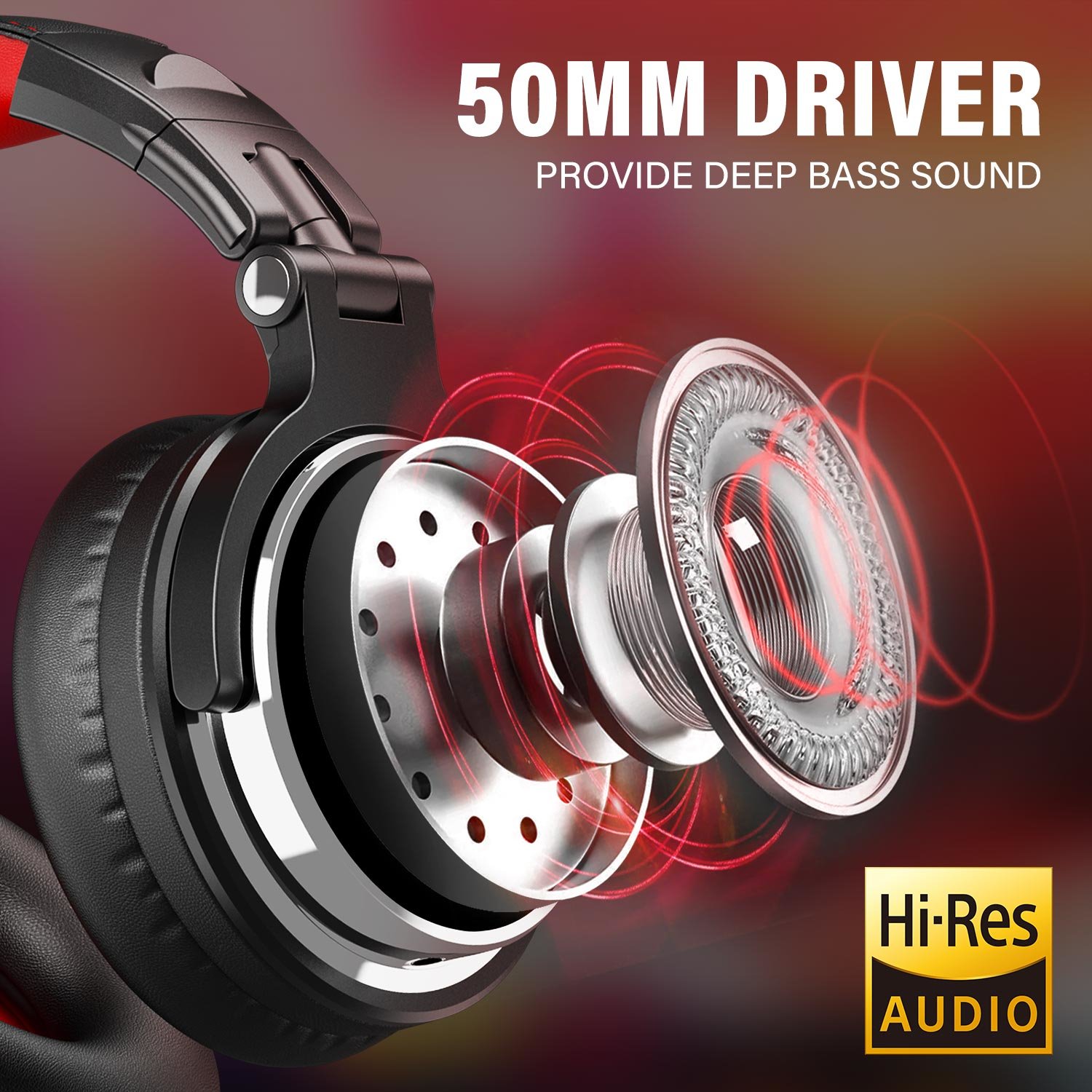 Oneodio Pro 10 Professional Wired Over Ear DJ and Studio Monitoring Headphones - Red/Black - Image 3