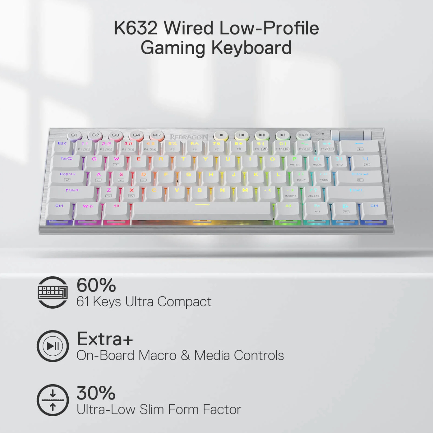Redragon K632 HORUS Mini 60% RGB Wired Gaming Keyboard – White - Image 3