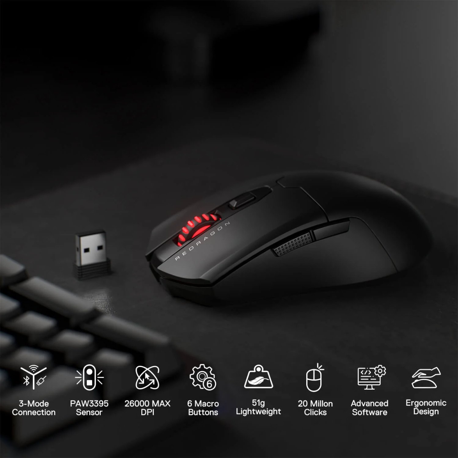 Redragon FYZU M995 PRO Wireless Gaming Mouse - Black - Image 4